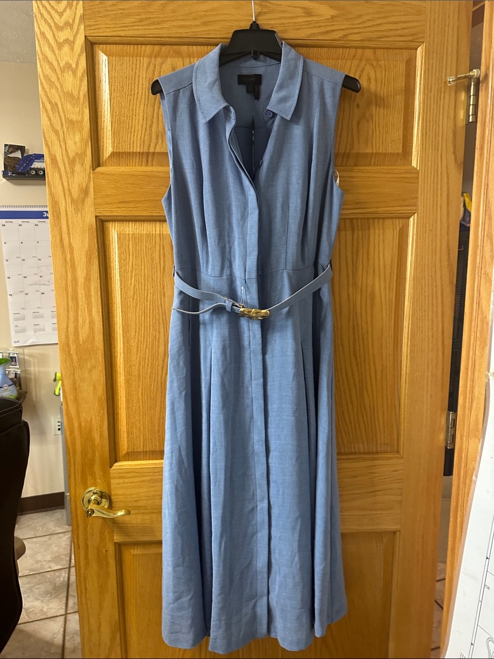 Donna Karan Sleeveless Collared Sky Blue Maxi Dress with Belt